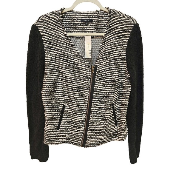 Drew NWT Boucle Knit motor Black Gray white jacket. Sz L. Warm. Comfort. Stylish